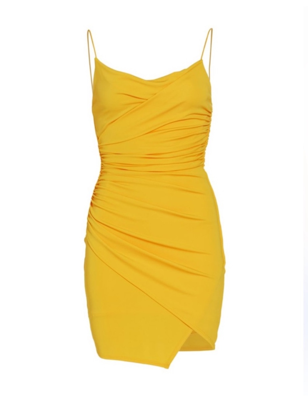 Alice + Olivia Kathy Bright Yellow Cowl Neck Ruched Mini cocktail Dress